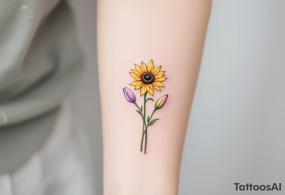 small yellow sunflowers and sunflower buds and pale purple tulip buds and a small stargazer Lilly in pale pink in a dainty wildflower bouquet with light green stems. Low detail. tattoo idea