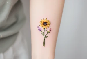 small yellow sunflowers and sunflower buds and pale purple tulip buds and a small stargazer Lilly in pale pink in a dainty wildflower bouquet with light green stems. Low detail. tattoo idea