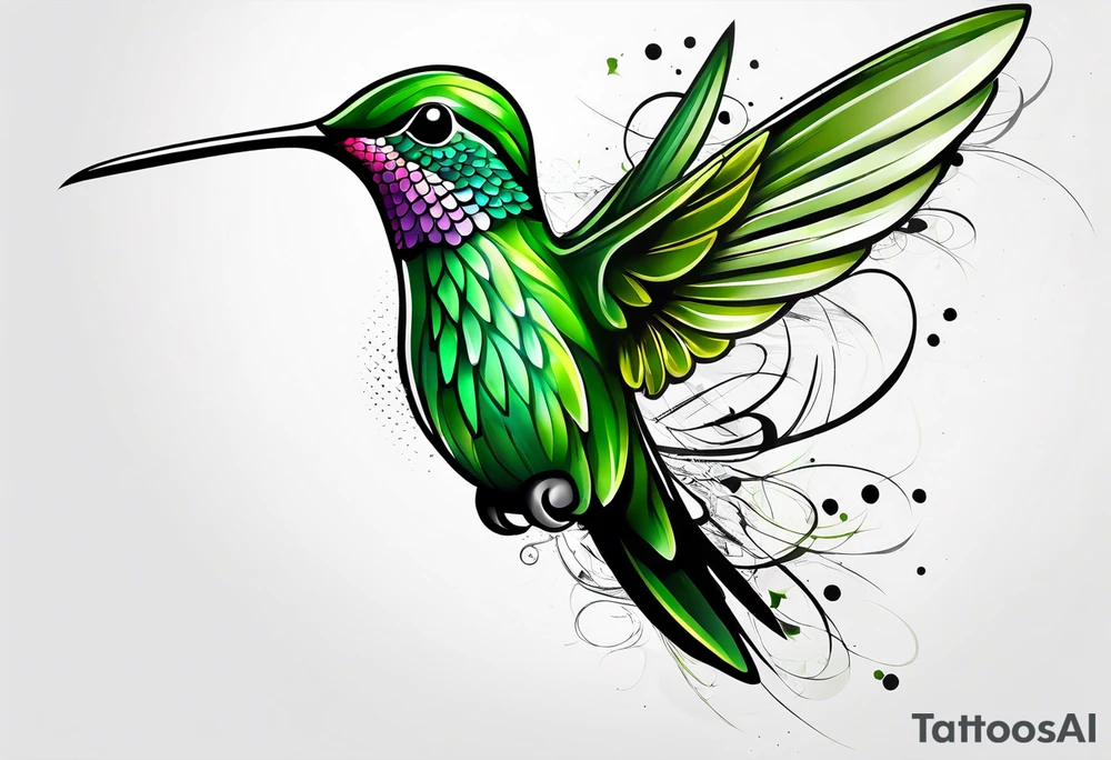 green hummingbird very small in flight ready to drink tattoo idea