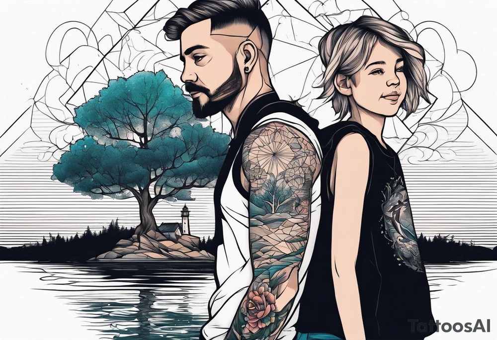 Father daughter younger son tattoo in front of water and tree tattoo idea