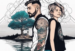 Father daughter younger son tattoo in front of water and tree tattoo idea