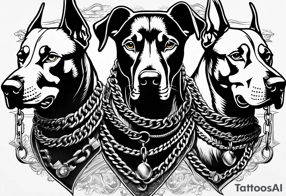 the chain is stretched, there are three angry barking Dobermans in it tattoo idea
