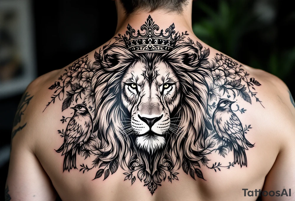 powerful majestic lion with a crown, surrounded by floral ornaments and birds tattoo idea