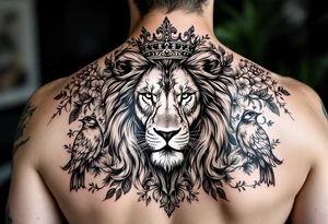powerful majestic lion with a crown, surrounded by floral ornaments and birds tattoo idea