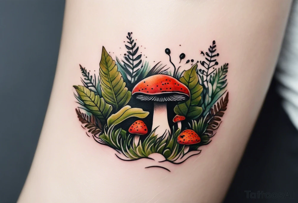 minimalistic forest floor inspired tattoo, which includes grass, moss, curly ferns and dead leaves as the bulk of the tattoo. details to include: forest berries, couple of very small brown mushrooms, a tiny bumblebee flying nearby tattoo idea