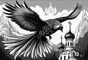 russian firebird in-flight with long fancy tail and 3 small onion cap monastery towers in background, with "Isaiah 43: 18-19" tattoo idea