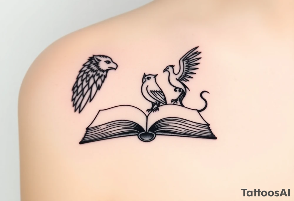 An open book with silhouettes of a werewolf, owl, dragon & phoenix above it tattoo idea