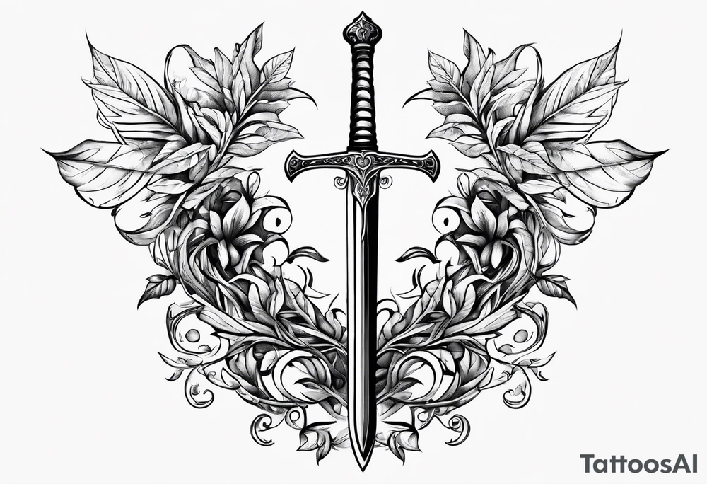 Leafy vines with sword tattoo idea