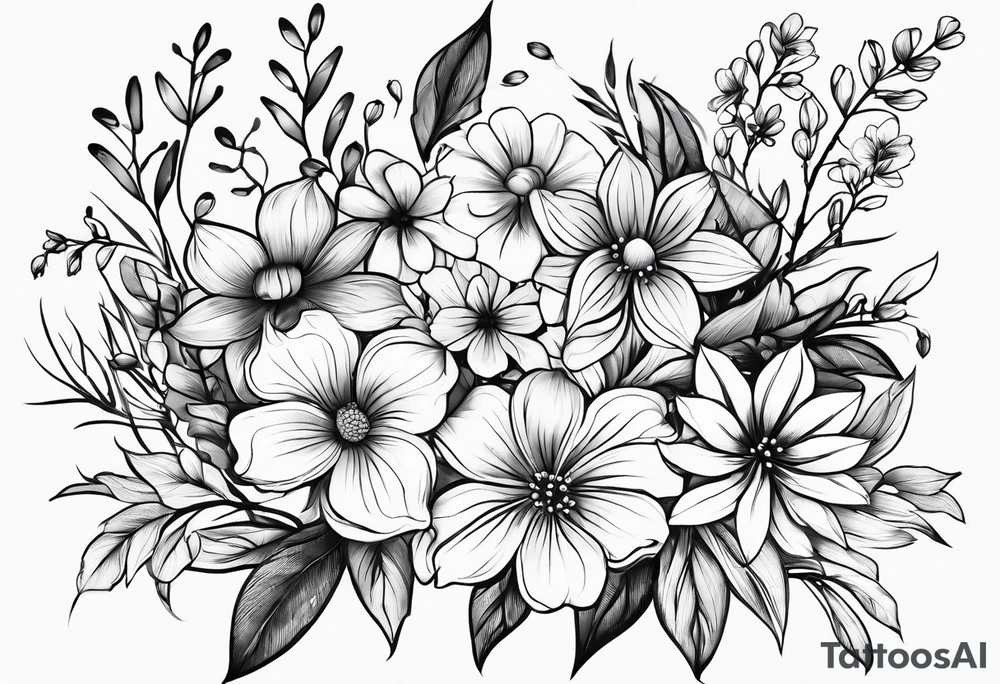 Small tattoo flower bunch using July flower, November flower, May flower, May flower, August flower and February flower tattoo idea