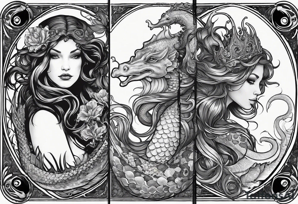 Big Side profile mermaid with trident & horns, crown looking at evil seahorse face to face. Tattoos on skin and scales showing, octopus tentacles wrapped around. Half arm tattoo tattoo idea
