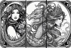 Big Side profile mermaid with trident & horns, crown looking at evil seahorse face to face. Tattoos on skin and scales showing, octopus tentacles wrapped around. Half arm tattoo tattoo idea