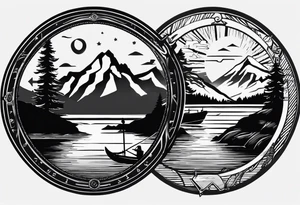 The word "HARK" as a banner with a mountain, a carabiner, compass, and a lake and pontoon in a circular design tattoo idea