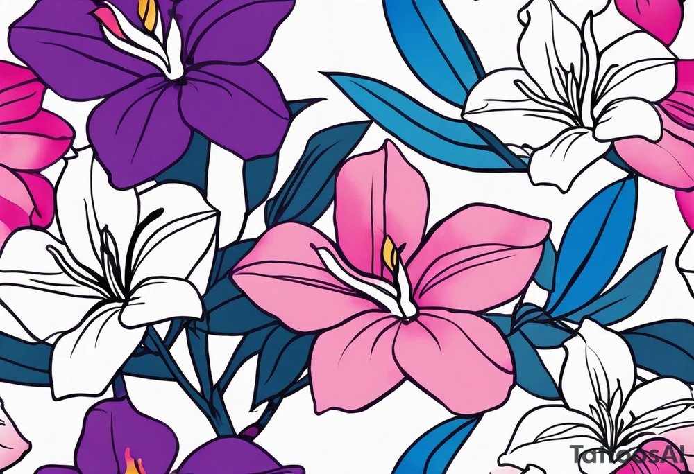 brushstroke abstract pink, purple, and blue mandevilla flowers on a vine, with color leaking out into the background. SOme of the flowers should be full color, and some just linework. It should have a handdrawn, sketch feel. tattoo idea