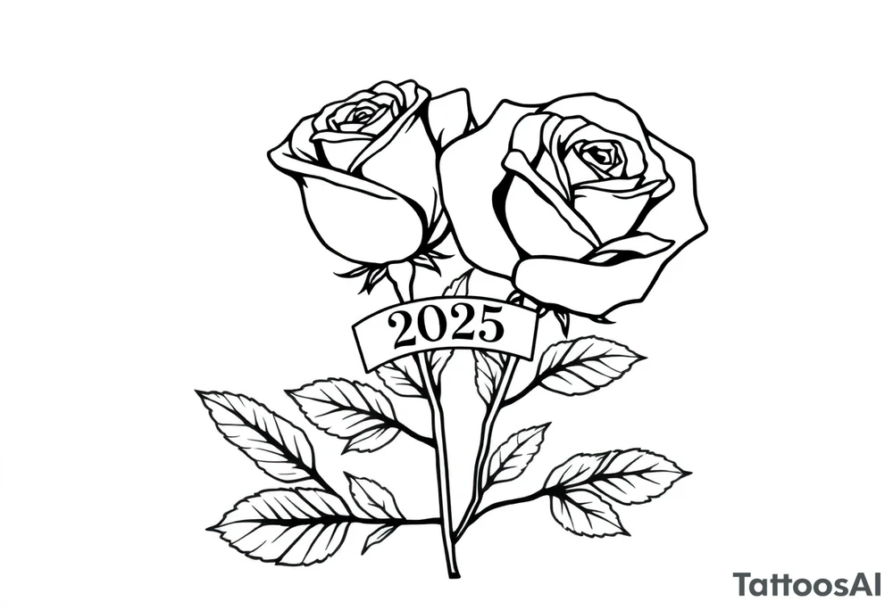two beautiful large rose buds, one larger than the other, with many leaves next to the rose buds, with one sitting higher than the other. Include a banner connecting the two roses with the year 2025 on it.   Use dark outlines with little shading. The two stems should be short, not long, and connect and join into one stem, whimsically curved or twisted - not straight down. tattoo idea