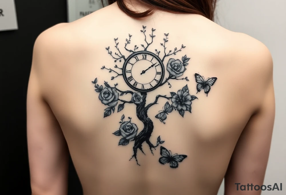 a clock, poisoned tree, big and small roses, big and small butterflies tattoo idea a clock, poisoned tree, big and small roses, big and small butterflies tattoo idea
