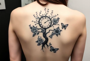 a clock, poisoned tree, big and small roses, big and small butterflies tattoo idea