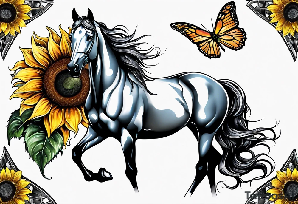 Horse, compass, sunflower tattoo idea