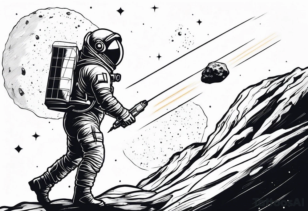 Astronaut laser blasting a asteroid, far away tattoo idea