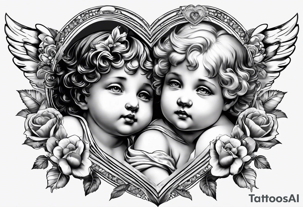 3 cherubs that look realistic, not cartoony. one of them is a girl holding a balloon, one is a boy holding a money bag, one is a girl hugging a heart. make them all separated tattoo idea