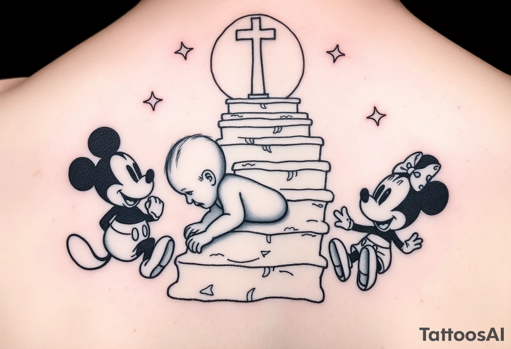 Babyboy crawling up to gods stairway to heaven surrounded wit baby mickey mouse and baby Minnie mouse baby winnie the poo tattoo idea