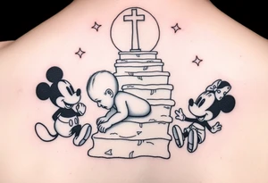 Babyboy crawling up to gods stairway to heaven surrounded wit baby mickey mouse and baby Minnie mouse baby winnie the poo tattoo idea