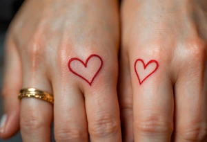 Tiny matching red heart outlines tattooed on the inside of each partner’s ring finger, symbolizing a hidden but everlasting bond. tattoo idea