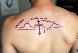 Red and black ink  tattoo on left inner arm with bible verse background clouds and 3 crosses one red in the middle of wrist  under a chosen wrist tattoo before the hand/palm tattoo idea