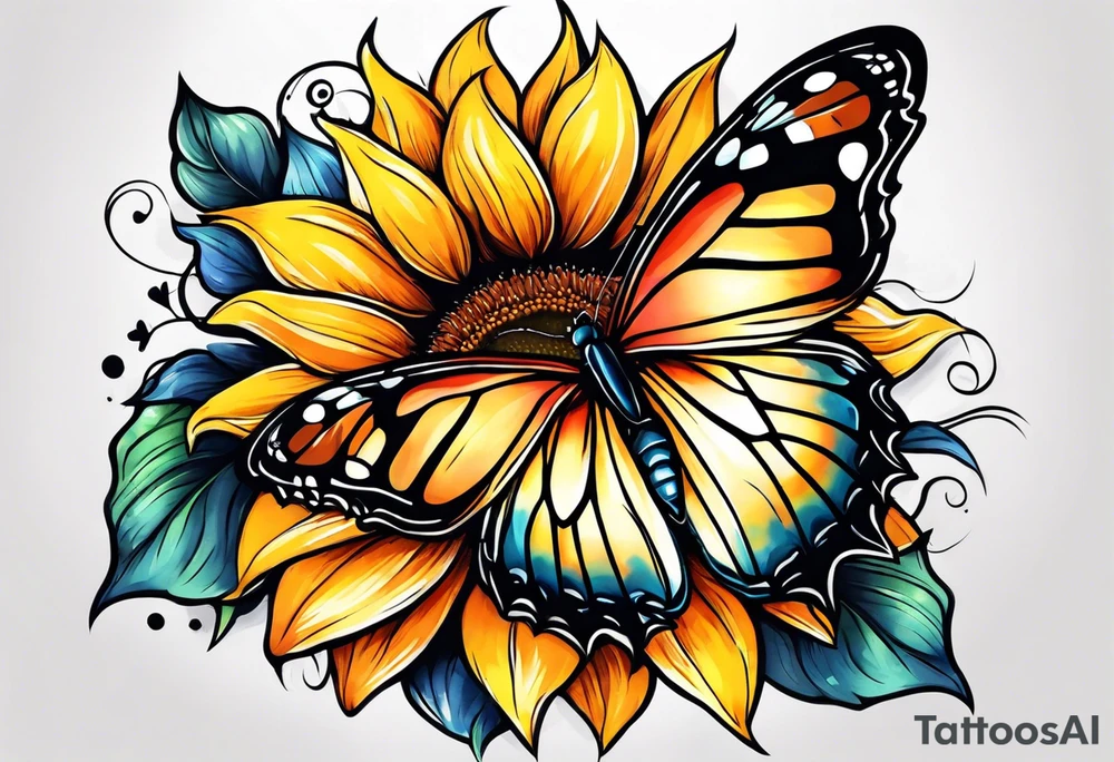 Sunflower with butterfly half leg sleeve tattoo idea