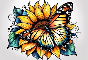 Sunflower with butterfly half leg sleeve tattoo idea