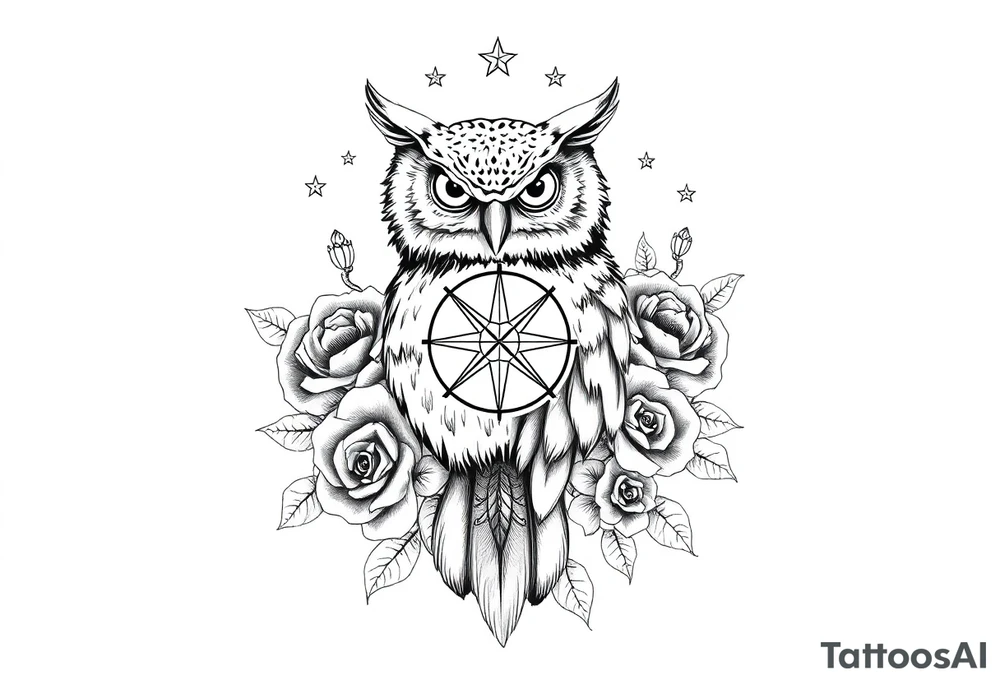 an owl,compass,roses,stars. tattoo idea