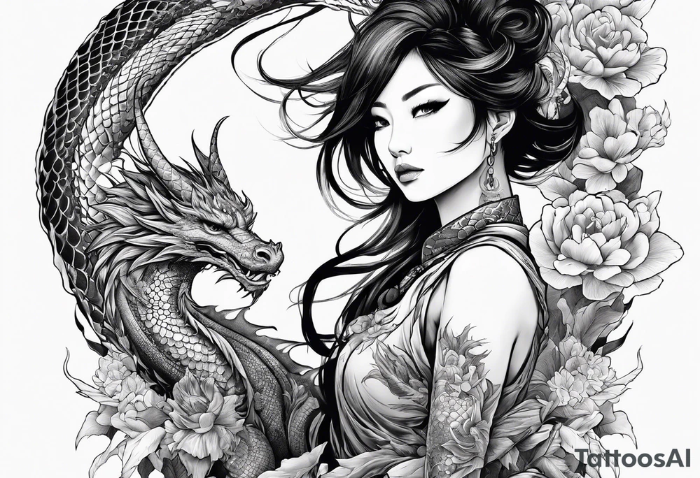 large warrior nymph with dragon tattoo idea