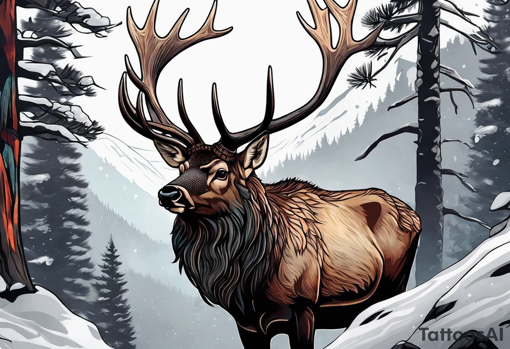 sleeve pine tree moutain elk tattoo idea