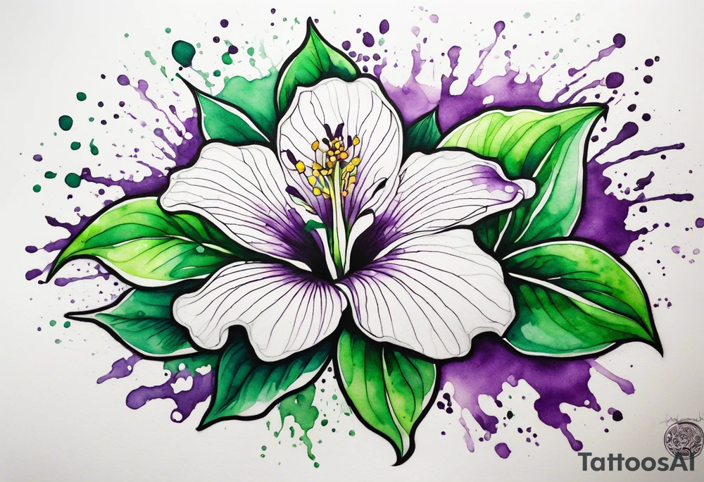 An outline of a rio dipladenia flower with green/purple pedals and a green/purple watercolor splash in the background tattoo idea
