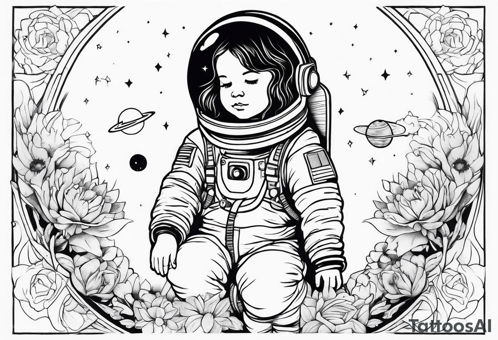 large astronaut space suit hand holding a very little girl in a dress tattoo idea