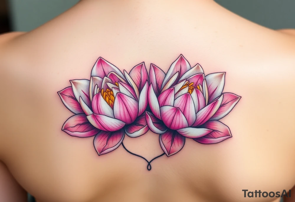 A pair of intertwined white and pink water lilies, with golden highlights on the petals, representing the harmony of two souls coming together in love tattoo idea