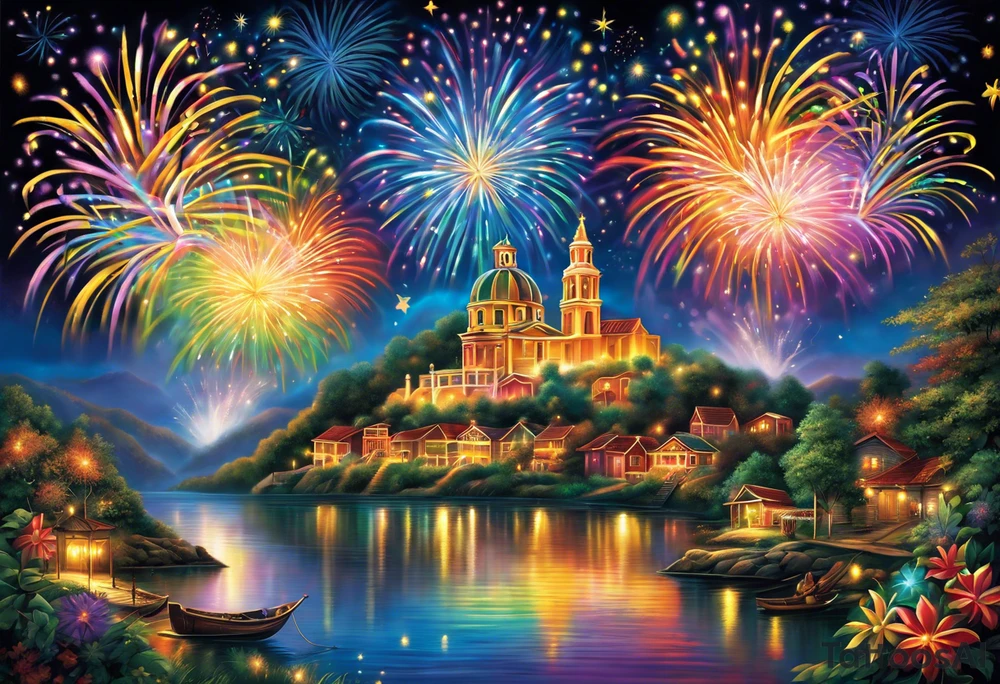 Fireworks burst across the night sky, surrounded by glowing candles and stars, capturing the magic and nostalgia of Colombian December nights. The scene is vibrant with multi-colored lights and an air of celebration. Soft linework mist or halos around the fireworks adds a magical, dreamy quality to the scene. The tattoo reflects joy and tradition, with an emphasis on warmth and festivity. tattoo idea