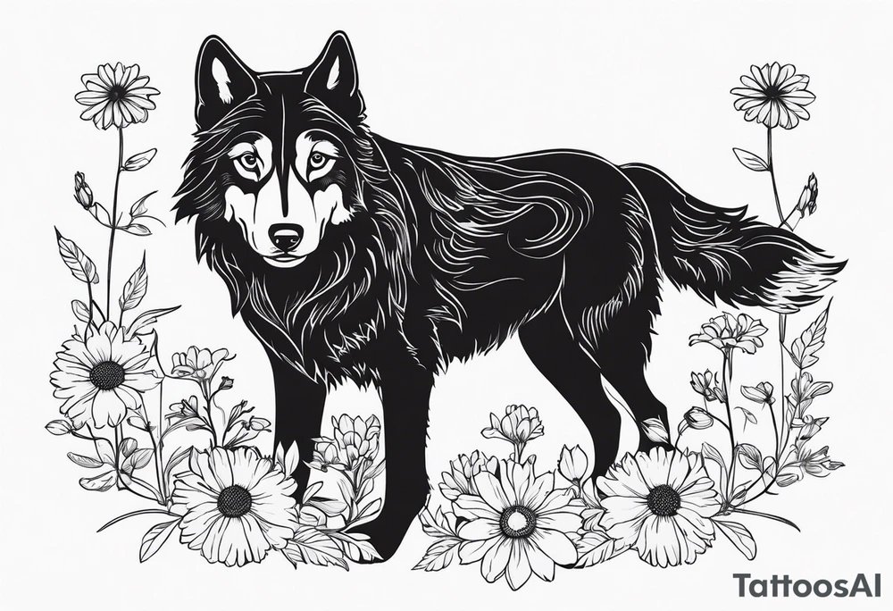 a wolf like dog, with flowers surrounding. birth flowers of family, aster, larkspur, marigold with a daisy growing near it tattoo idea