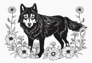 a wolf like dog, with flowers surrounding. birth flowers of family, aster, larkspur, marigold with a daisy growing near it tattoo idea