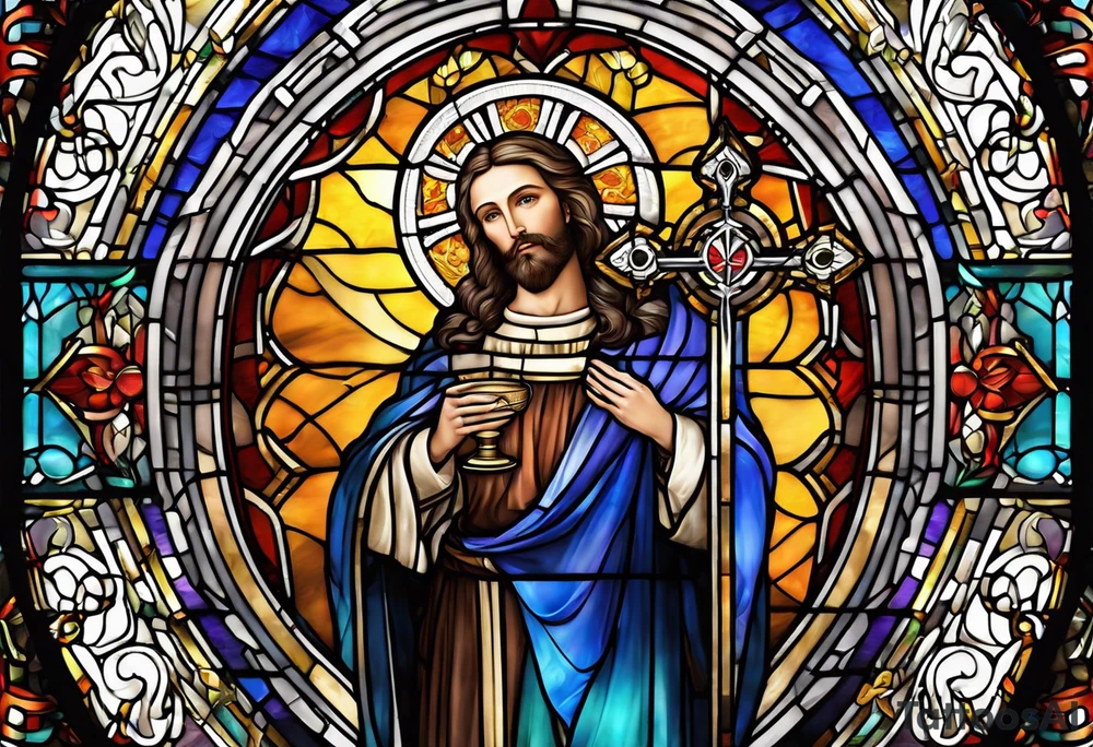 holy saint stained glass holding a chalice tattoo idea