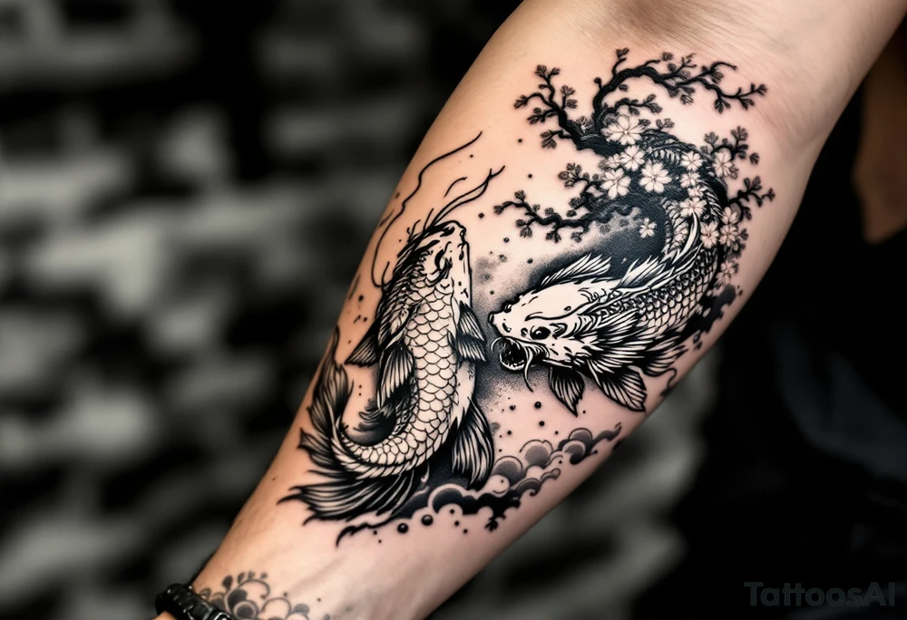 koi fish fighting a dragon with a sakura tree in the background, Japanese inspired piece tattoo idea