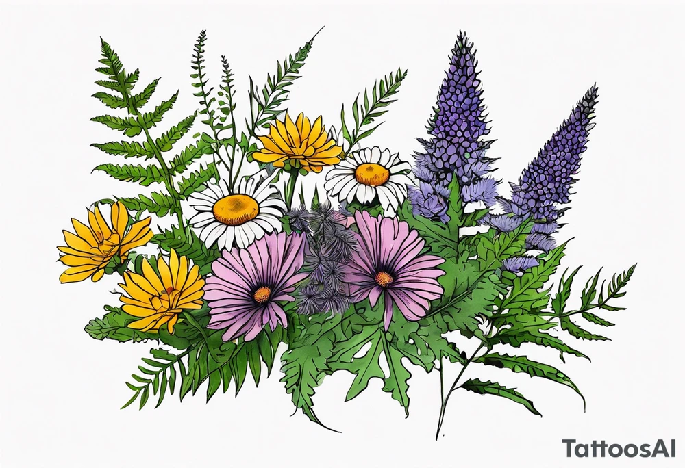 spread out mixed wildflower bouquet with ferns, thistle and with color and show the design on a leg tattoo idea