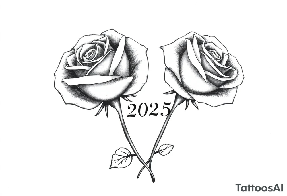 two beautiful roses with their stems intertwined, separated by "2025" written between them tattoo idea