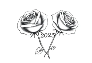 two beautiful roses with their stems intertwined, separated by "2025" written between them tattoo idea