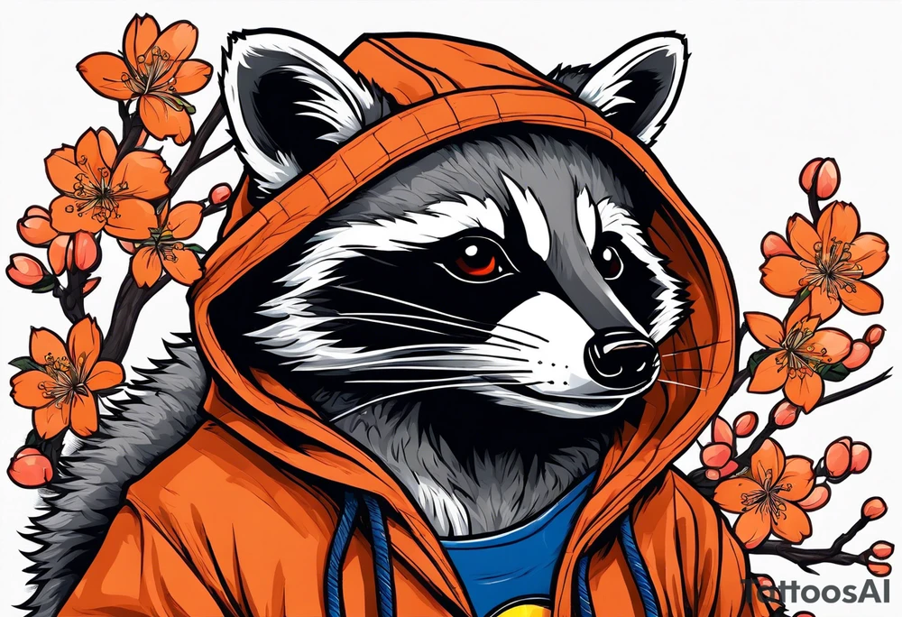 raccoon wearing a Superman hoodie with orange cherry blossoms tattoo idea