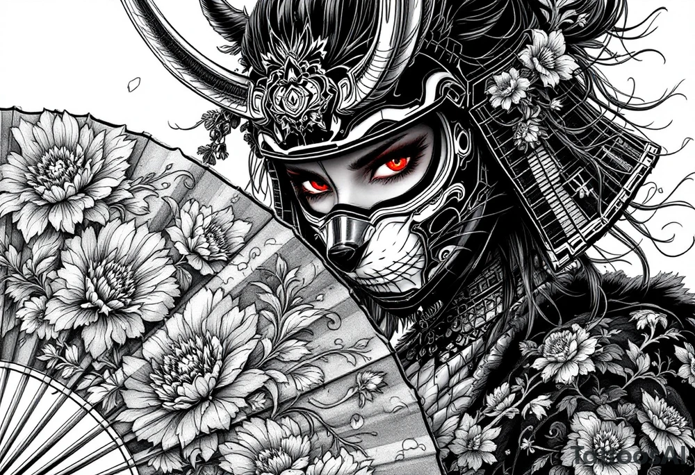 Woman samurai with red eyes wearing an half and broken kitsune mask, holding a japanese fan with belamcada flowers tattoo idea
