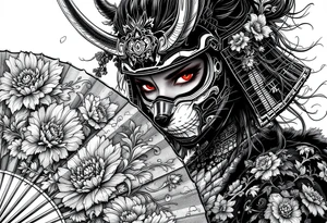 Woman samurai with red eyes wearing an half and broken kitsune mask, holding a japanese fan with belamcada flowers tattoo idea