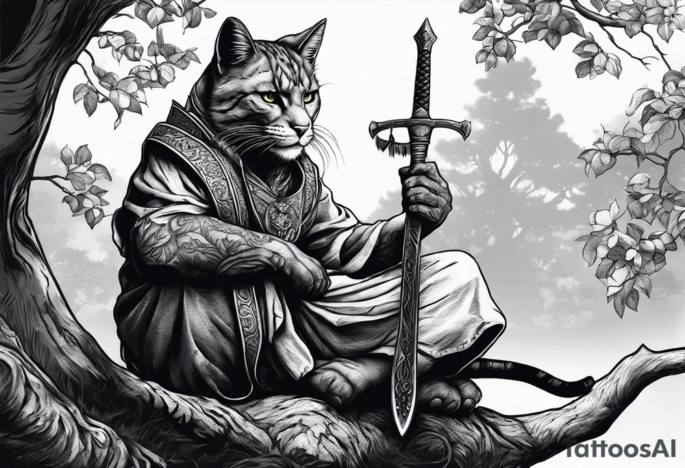 Khajiit sitting under an oak tree with a coin purse and dagger tattoo idea