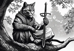 Khajiit sitting under an oak tree with a coin purse and dagger tattoo idea