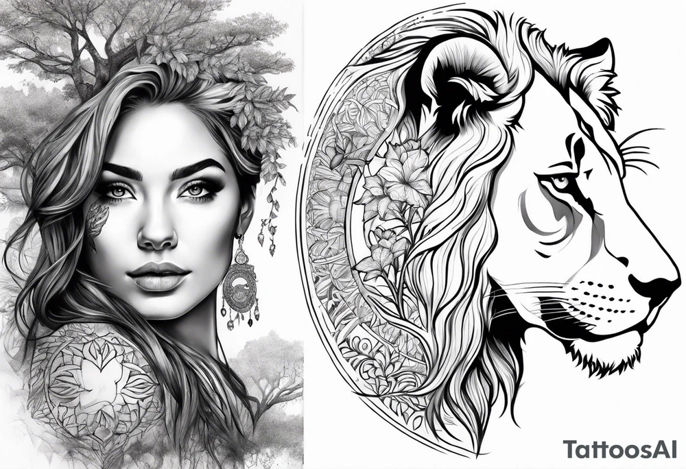 Tree of life arm tattoo into woman and lion tattoo idea
