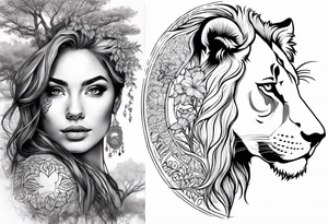 Tree of life arm tattoo into woman and lion tattoo idea